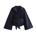 Navy blue poplin shirt with bow tie waist and long sleeves in elegant lapel design - XS / Navy Blue