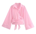 Pale pink long sleeve poplin wrap shirt with oversized flared cuffs and a waist bow - XS / Pink