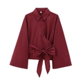 Elegant burgundy poplin shirt with flared sleeves and large waist bow tie detail - XS / Burgundy