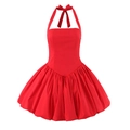 Rode halter-minijurk met strik aan achterkant en geplooide pofrok ontwerp - S / Rood