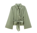 Elegant bean green poplin shirt featuring a waist tie bow and flared long sleeves - Grass Green