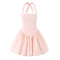 Elegante lichtroze halterjurk met hoge taille en een geplooide rok met V-snit - S / Roze