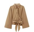 Women's khaki poplin shirt with long flare sleeves and large waist bow tie detail - Khaki