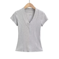 Slim fit light grey V-neck T-shirt with ribbed cotton texture and short sleeves - S / Light Gray