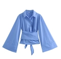 Light blue poplin shirt with bow-tied waist, wide sleeves and notched lapel - Light Blue