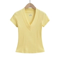 Slim fit deep V-neck short sleeve T-shirt for women in light yellow ribbed knit fabric - S / Yellow