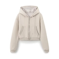 Felpa con cappuccio beige grigio corta con zip, bordi a coste e tasche a marsupio - XS / Top Bianco Crema
