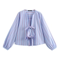 Chemisier à rayures bleues et blanches pour femmes avec nœuds élégants et style décontracté - XS / Rayé Bleu