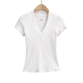 Slim fit white deep V-neck short sleeve T-shirt for women in ribbed stretch fabric - S / White
