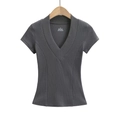 Slim fit dark grey deep V-neck short sleeve T-shirt for women in ribbed cotton fabric - S / Carbon Gray