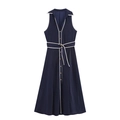 Vestido azul marino de lunares sin mangas con vivos blancos y cinturón de hebilla - XS / Azul marino con lunares blancos
