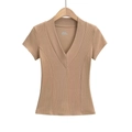Slim fit deep V-neck short sleeve top in khaki ribbed knit fabric for women - Khaki