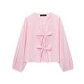 Chemisier rayé rose pour femmes avec col en V, nœuds papillons et manches bouffantes - XS / Rose