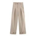 Pantaloni kaki da donna a vita alta con gamba larga e dettaglio bottone sulla caviglia - S / Pantaloni Casual