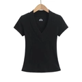Slim fit black deep V-neck short sleeve rib knit t-shirt for women in retro style - Black