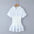 Witte korte jurk met korte mouwen, Peter Pan kraag en geplooide ruches voor dames - S / Wit