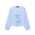 Light blue striped long sleeve shirt with front bow ties and stylish puff sleeves - Blue