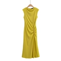 Detail of mustard yellow sleeveless knit dress showing side ruching and slim fit texture - Matcha Green