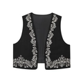 Zwart kort vest voor dames met wit geborduurde bloemenpatronen en vintage details - S / Zwart