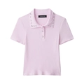 Roze gebreid poloshirt met korte mouwen, strass-kraag en fijne ribbelstructuur - S / Roze
