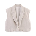 Elegante set gilet senza maniche beige e pantaloni a gamba larga con trama in lino pregiato - XS / Tops