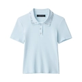 Lichtblauwe gebreide poloshirt met strass kraag en kristallen knopen op witte basis - S / Blauw