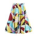 Detail eines A-Linien-Midirocks mit abstraktem geometrischem Druck und Faltenbund - XS / Regenbogen