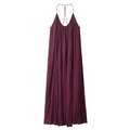 Elegantes tiefviolettes plissiertes langes Kleid mit V-Ausschnitt und Halter-Trägern - XS / Burgunderrot