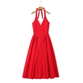 Robe licou rouge élégante avec col en V profond et design ajusté à la taille pour femme - S / Rouge