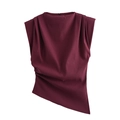 Elegant wine red sleeveless blouse with draped neckline and asymmetrical hem for women - XS / Wine Red