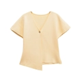Minimalist light yellow V-neck short sleeve knit top with asymmetrical hem and single button - S / Cream
