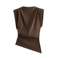 Elegant dark brown sleeveless blouse for women with shoulder pads and asymmetric pleated hem - XS / Brown