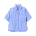 Camicia a maniche corte a righe verticali azzurre in popeline con taschino - XS / Righe Blu Chiaro
