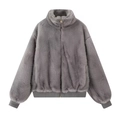 Dark grey faux fur jacket with stand collar and zipper closure on white background - One Size / Gray
