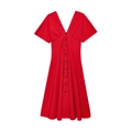 Elegant red midi dress with deep V-neck, black buttons and flowy A-line silhouette - XS / Red