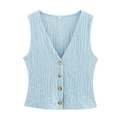 Detail of light blue V-neck vest with textured pleated fabric and brown buttons - XS / Sky Blue Top