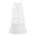 Chique tweedelige witte mouwloze set met V-hals vest en geplooide minirok in effen wit - XS / Wit