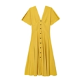 Bright yellow V-neck midi dress with decorative black buttons and split short sleeves - XS / Yellow