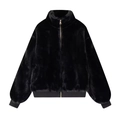 Women's black faux fur jacket with stand collar and gold zipper closure detail - One Size / Black