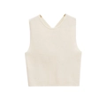 Top corto de punto acanalado blanco crema con cuello redondo en vista plana - S / Blanco lechoso