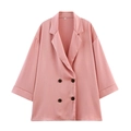 Macro view of pink double-breasted blazer collar with pleated texture and S-size tag - Pink Blazer