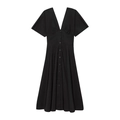 Elegant black short sleeve V-neck midi dress with button front and cinched high waist - XS / Black