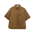 Short-sleeve coffee brown poplin shirt featuring a chest pocket and hidden buttons - Brown