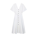 White V-neck midi dress with ruffled sleeves and contrast buttons on white background - XS / White