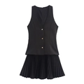 Mouwloze zwarte geplooide mini-jurk voor dames met V-hals en gouden knopen - XS / Zwart