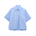 Short sleeve light blue poplin shirt with a classic collar and front pocket for women - Light Blue