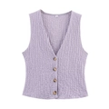 Detailed view of lavender V-neck vest with textured pleated fabric and wood-style buttons - Light Purple Top