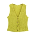 Close-up of avocado green V-neck vest featuring pleated texture and wood buttons - Yellow Green Top