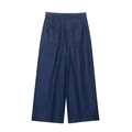 Pantaloni a gamba larga blu scuro da donna a vita alta con tasche posteriori e stile chic - XS / Pants