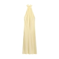 Elegant cream yellow halter neck slim-fit silk satin midi dress with pleat neck details - Light Yellow